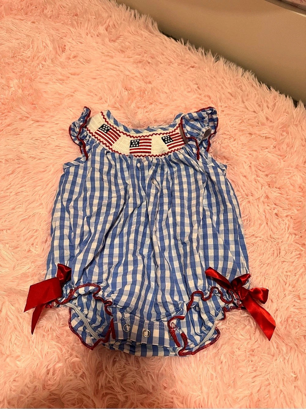 Rylee Faith Designs 4th of July Light Blue Gingham USA Flag Romper Baby 18M